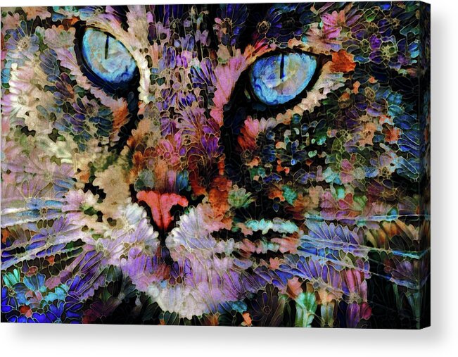 Colorful Cats Acrylic Print featuring the digital art A Colorful Cat Named Kitty by Peggy Collins