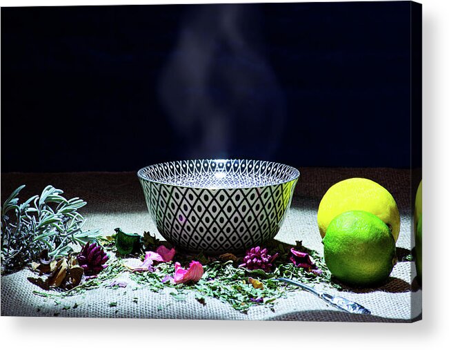 Tea Acrylic Print featuring the photograph A drinking bowl with tea and herbs. by Bernhard Schaffer