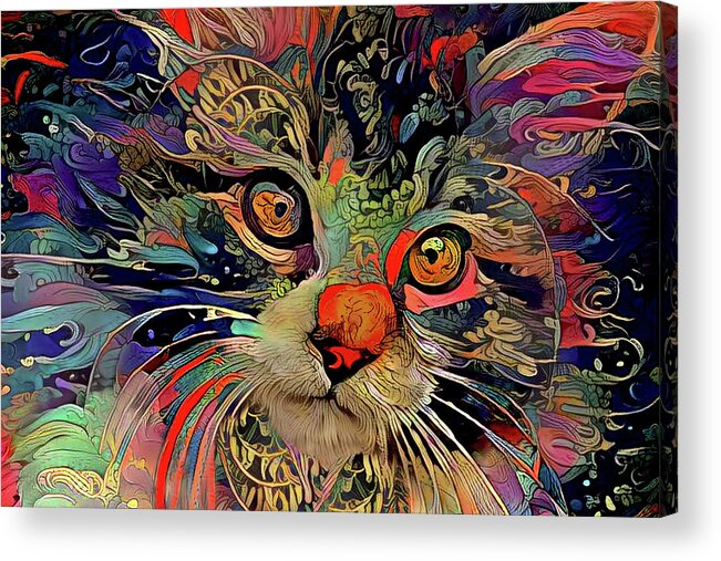 Maine Coon Cat Acrylic Print featuring the mixed media A Psychedelic Maine Coon Cat Named Chaos by Peggy Collins