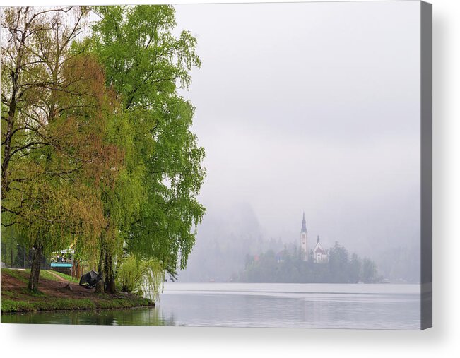 Slovenia Acrylic Print featuring the photograph A rainy day in Bled, Slovenia by Mirko Chessari