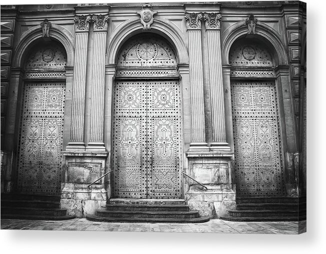Valencia Acrylic Print featuring the photograph A Trio of Doors Valencia Spain Black and White by Carol Japp