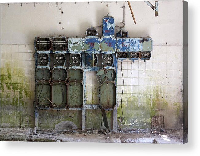 Empty Acrylic Print featuring the photograph Abandoned secret soviet military base - Electrical equipment by Peter Gedeon