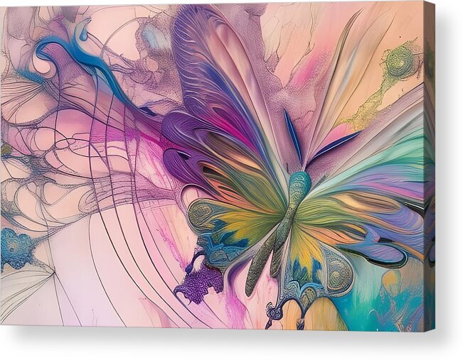Digital Butterfly Abstract Pasteis Acrylic Print featuring the digital art Abstract Butterfly in Pastels by Beverly Read