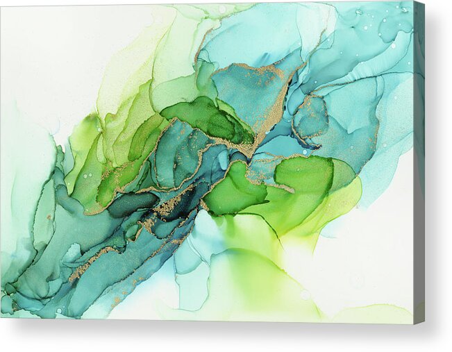 Watercolor Acrylic Print featuring the painting Abstract Ink Blue Gold Green by Olga Shvartsur