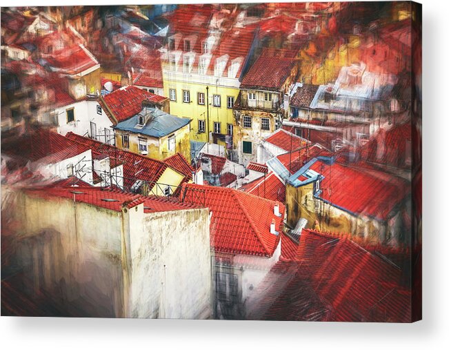 Lisbon Acrylic Print featuring the photograph Abstract Red Rooftops of Old Alfama Lisbon by Carol Japp
