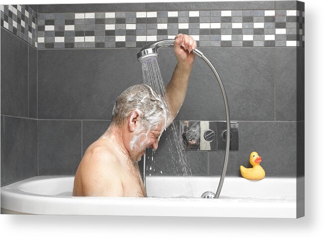 Washing Hair Acrylic Print featuring the photograph Active senior washing in bath by Peter Dazeley