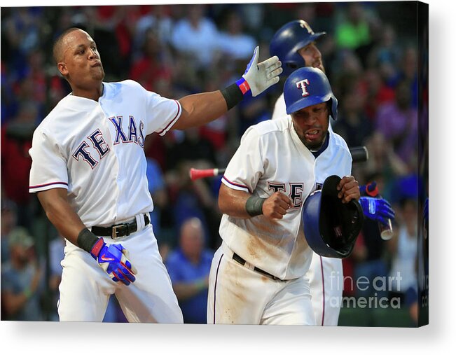 Headwear Acrylic Print featuring the photograph Adrian Beltre and Elvis Andrus by Tom Pennington