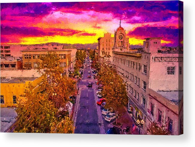 W 4th Street Acrylic Print featuring the digital art Aerial view of W 4th Street in downtown Santa Ana - digital painting by Nicko Prints