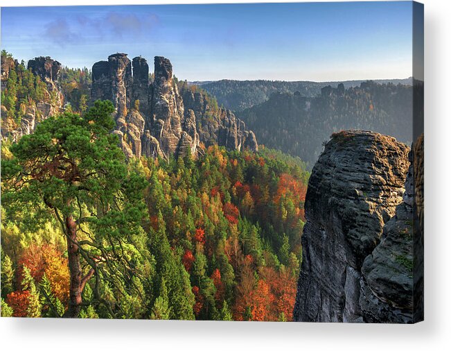 Saxon Switzerland Acrylic Print featuring the photograph After sunrise on the Bastei rocks by Sun Travels