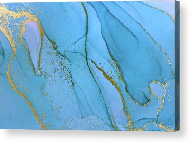 Blue Acrylic Print featuring the painting Alcohol ink blue and gold abstract background. Ocean style water by Tony Rubino