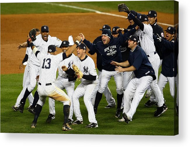 American League Baseball Acrylic Print featuring the photograph Alex Rodriguez, Mark Teixeira, and Mariano Rivera by Chris Mcgrath