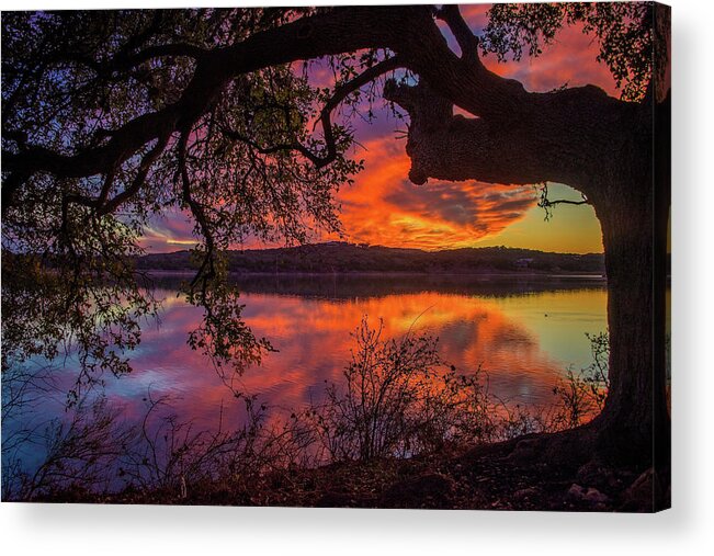 Texas Hill Country Acrylic Print featuring the photograph Amazing Oak Sunset at Boerne City Lake by Lynn Bauer