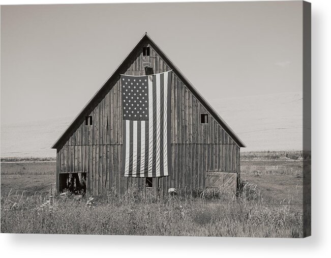 Farm Acrylic Print featuring the photograph American Flag and Barn Sepia by Connie Carr