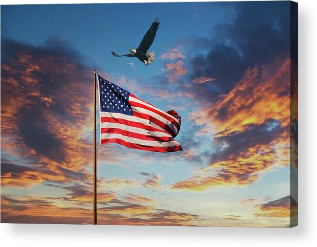 Bar Harbor Acrylic Print featuring the photograph American Flag on Old Flagpole at Sunset with Eagle by Darryl Brooks