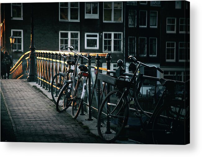 #instagram #edgalagan #galagan #edwardgalagan #nederland #netherlands #dutch #bestphotos #artgallery #artgalerie #eindhoven #boat #eduardgalagan #reflection #cityphotography #bestphotography #bestartphoto #bestartphotography #bridge #topphotography #amsterdam #church #canal #evening #town #city #autumn #architecturephotos #bike #bicycle Acrylic Print featuring the digital art Amsterdam. Golden Evening. by Edward Galagan