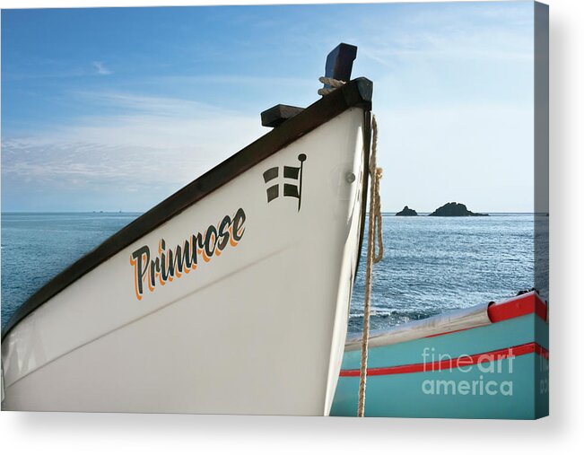 Cape Cornwall Acrylic Print featuring the photograph An Island a Lighthouse and a Boat by Terri Waters