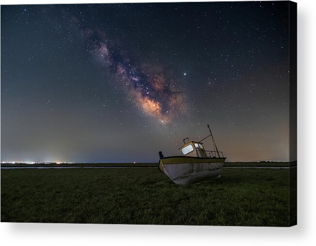 Milky Way Acrylic Print featuring the photograph An old boat under the milkyway by Alexios Ntounas