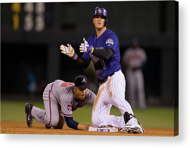 Celebration Acrylic Print featuring the photograph Andrelton Simmons and Brandon Barnes by Justin Edmonds