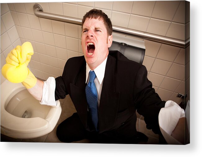 Young Men Acrylic Print featuring the photograph Angry, Screaming Businessman Cleaning the Restroom Toilet by Ideabug