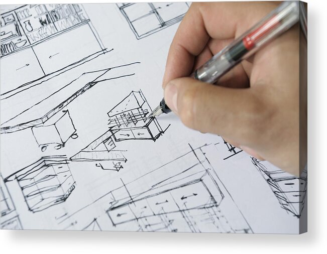 One Man Only Acrylic Print featuring the photograph Architects hand sketching interior plans by David Malan