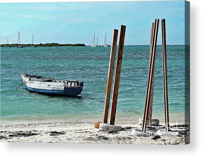 Aruba; Boat; Dinghy; Beach; Ocean; Blue; Green; Water; Wood; Watercolor; Photography; Sand; Tranquil; Peaceful; Solitude; Boats; Acrylic Print featuring the digital art Aruba View by Tina Uihlein