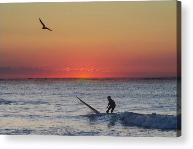 Sunrise Acrylic Print featuring the photograph At Sunrise - Surfer in Ocean City New Jersey by Bill Cannon