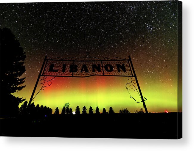 Lutheran Acrylic Print featuring the photograph Aurora Borealis at the Lebanon Church cemetery in Benson County ND by Peter Herman