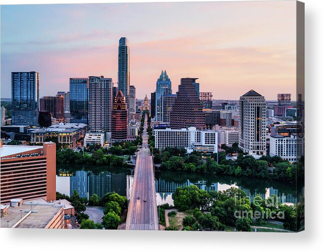 Austin Skyline Acrylic Print featuring the photograph Austin Skyline Colorful Sunrise - Up Congress to Texas Capitol by Bee Creek Photography - Tod and Cynthia