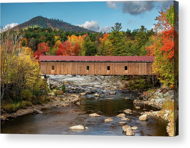 Jay Covered Bridge In Fall Acrylic Print featuring the photograph Autumn At The Jay Covered Bridge by Mark Papke