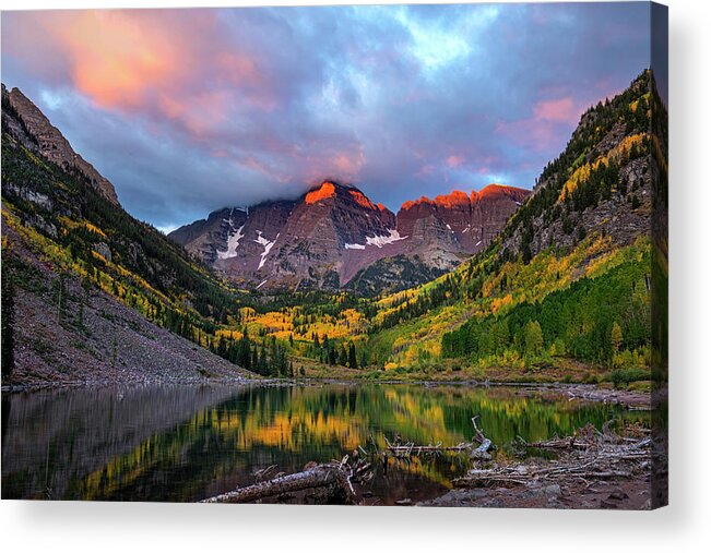 Maroon Bells Acrylic Print featuring the photograph Autumn Daybreak At The Bells by Harriet Feagin