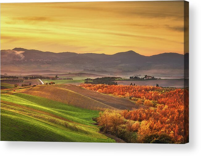 Autumn Acrylic Print featuring the photograph Autumn in Tuscany, rolling hills and woods. Santa Luce by Stefano Orazzini