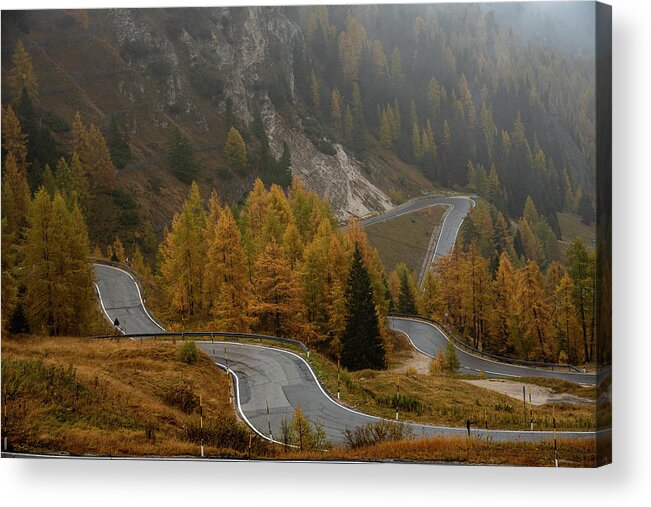 Italian Alps Acrylic Print featuring the photograph Autumn landscape with curved road. Passo di falzarego South Tyrol in Italy by Michalakis Ppalis