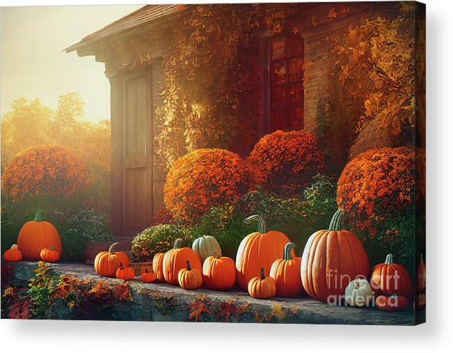 Thanksgiving Acrylic Print featuring the digital art Autumn pumpkins decoration in home garden. Traditional thanksgiv by Jelena Jovanovic