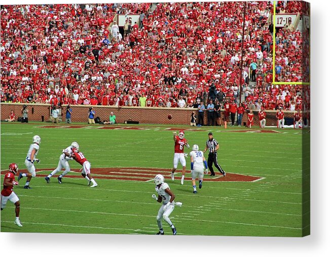 Oklahoma Sooners Acrylic Print featuring the photograph Baker Mayfield with the Pass by Brett Elliott