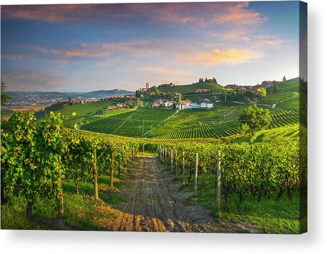 Barbaresco Acrylic Print featuring the photograph Barbaresco village and Langhe vineyards, Piedmont, Italy by Stefano Orazzini