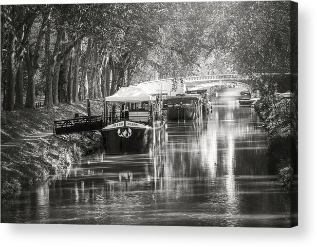 Toulouse Acrylic Print featuring the photograph Barges on Canal de Brienne Toulouse France Black and White by Carol Japp