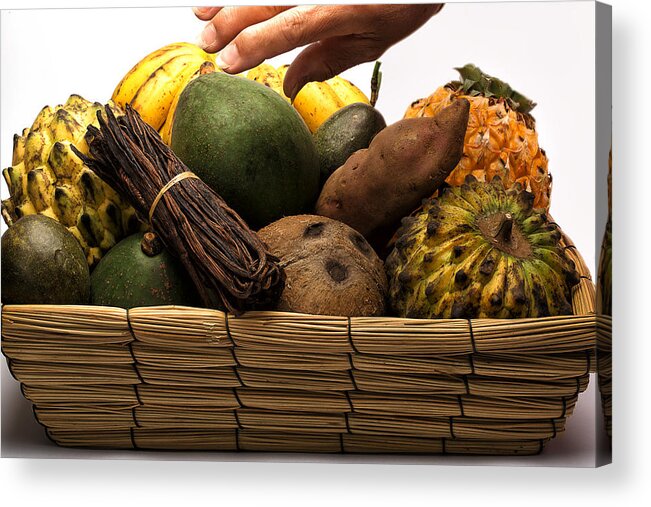Réunion Acrylic Print featuring the photograph Basket of assorted exotic fruits by Jean-Marc PAYET