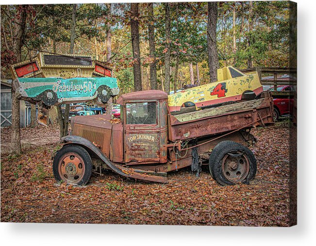 Old Acrylic Print featuring the photograph Battered Rusty Jalopy In The Woods by Kristia Adams