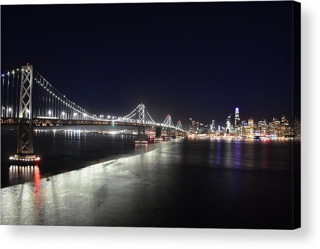 Bay Bridge San Francisco Oakland Night Lights Double Deck Decker Acrylic Print featuring the photograph Bay Bridge at night by Ed Stokes