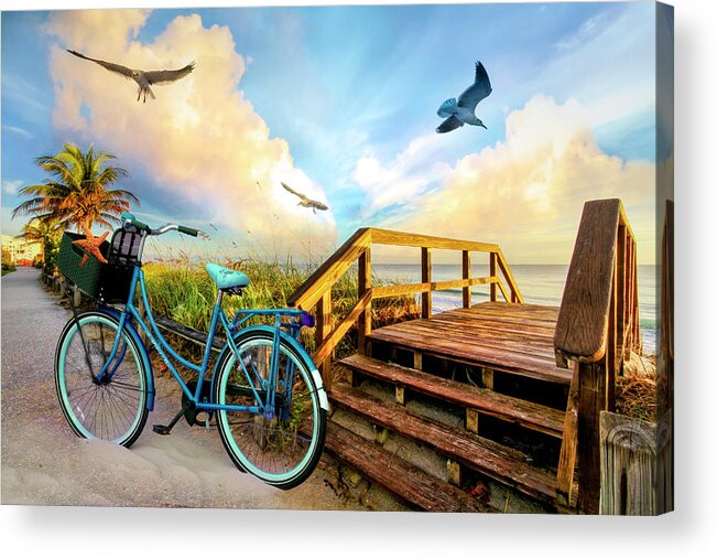 Birds Acrylic Print featuring the photograph Beach Bicycle at Sunrise by Debra and Dave Vanderlaan