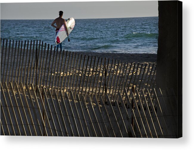 People Acrylic Print featuring the photograph Beach Fence with surfer by Mitch Diamond