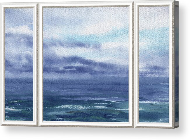 Window View Acrylic Print featuring the painting Beach House Window View Stormy Sea Shore Watercolor by Irina Sztukowski