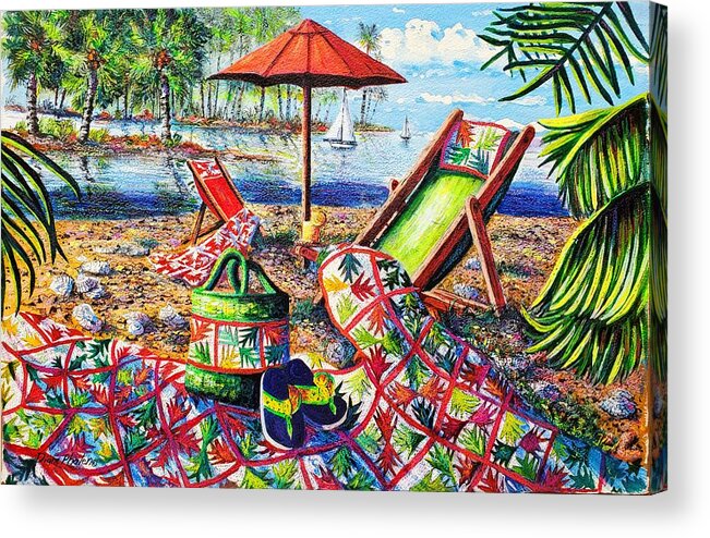 Palm Quilt At The Beach Acrylic Print featuring the painting Beach Retreat by Diane Phalen