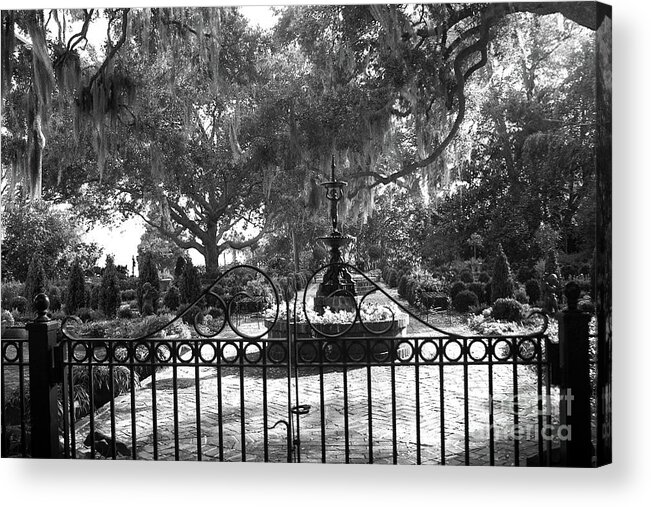 Beaufort Acrylic Print featuring the photograph Beaufort South Carolina Gated Garden Statues Black White Prints Home Decor by Kathy Fornal