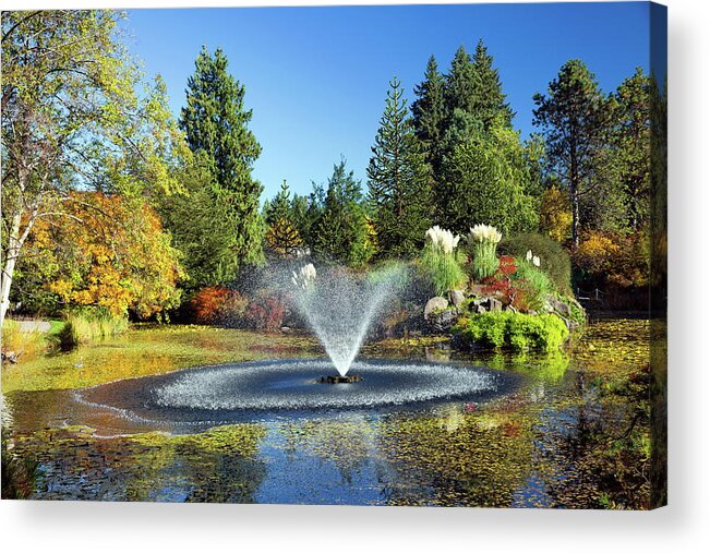 Alex Lyubar Acrylic Print featuring the photograph Beautiful pond with fountain by Alex Lyubar