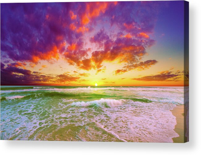 Art Acrylic Print featuring the photograph Beautiful Red Pink Purlple Green Sunset Waves by Eszra Tanner