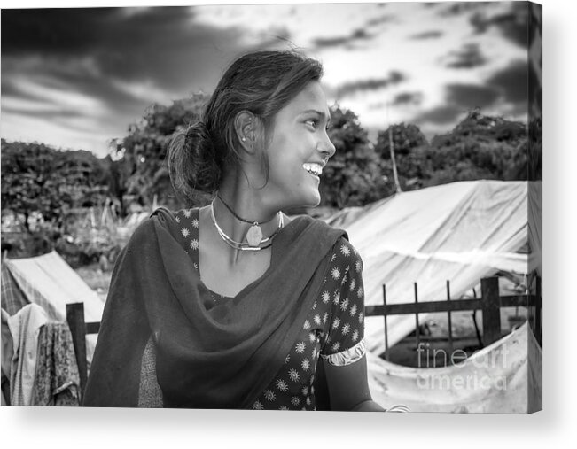 Innocence Acrylic Print featuring the photograph Beautiful Young Indian Smile - street girl portrait black and white by Stefano Senise