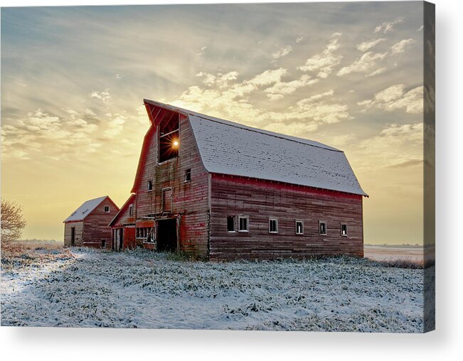 Blackmore Acrylic Print featuring the photograph Bedazzled Blackmore Barn #2 - Sun pokes through roof hole on abandoned barn in ND by Peter Herman