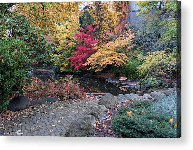 Ashland Acrylic Print featuring the photograph Bench at Lithia Park by the lake by Alessandra RC