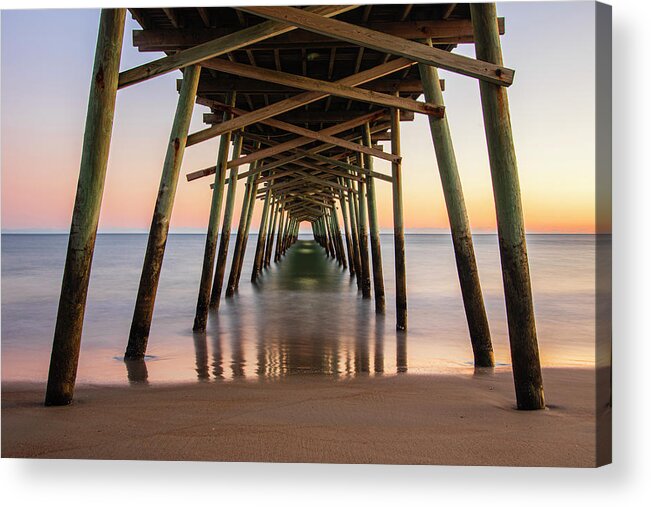 Bogue Inlet Pier Acrylic Print featuring the photograph Beneath the Bogue Inlet Fishing Pier at Emerald Isle North Carolina by Bob Decker